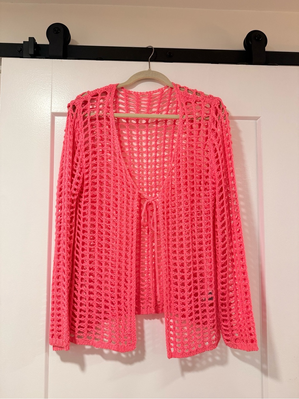 Open-Knit Swim Coverup Cardigan - Neon Pink